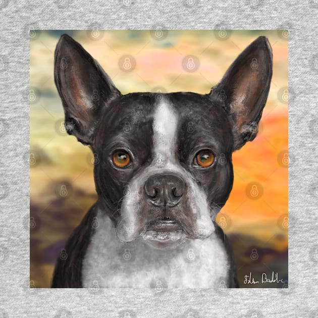 Painting of a Black and White Boston Terrier, with Orange Background by ibadishi